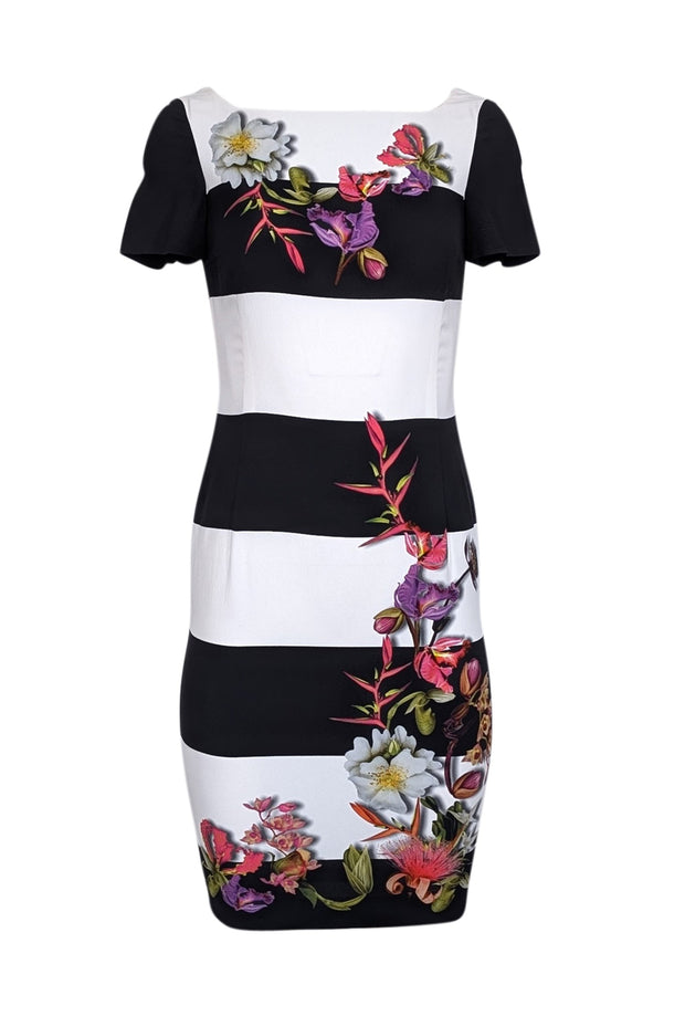 black and white striped dress with pink flowers Zebra Dress Black White Pink Floral Cherry Blossom Daisy Design Geometric Stripe Lined Print