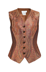 Escada - Burnt Orange, Red, & Gold Paisley Brocade Button Front Vest Sz 8 - Current Boutique