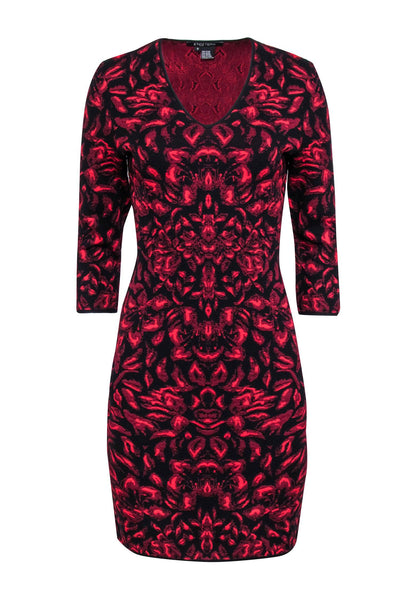 Etcetera - Red & Black Floral Patterned Knit Bodycon Dress Sz S Etcetera - Red & Black Floral Patterned Knit Bodycon Dress Sz S