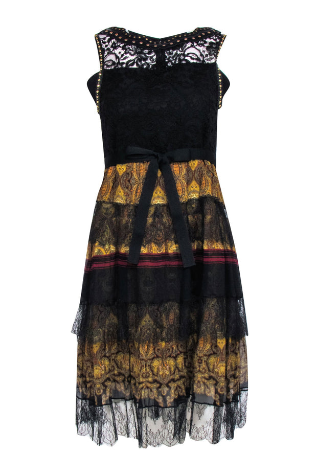 Etro - Black Lace w/ Mustard Paisley Print Sleeveless Dress & Studded Etro - Black Lace w/ Mustard Paisley Print Sleeveless Dress & Studded