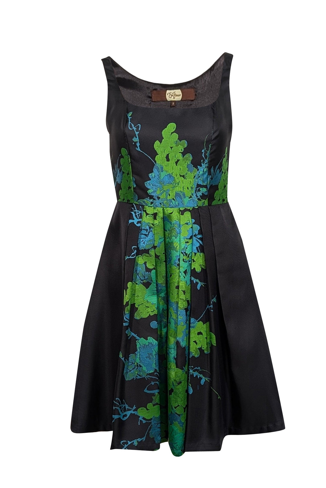 Eva Franco - Black, Green, & Blue Brocade Print Sleeveless Dress Sz 2 Eva Franco - Black, Green, & Blue Brocade Print Sleeveless Dress Sz 2