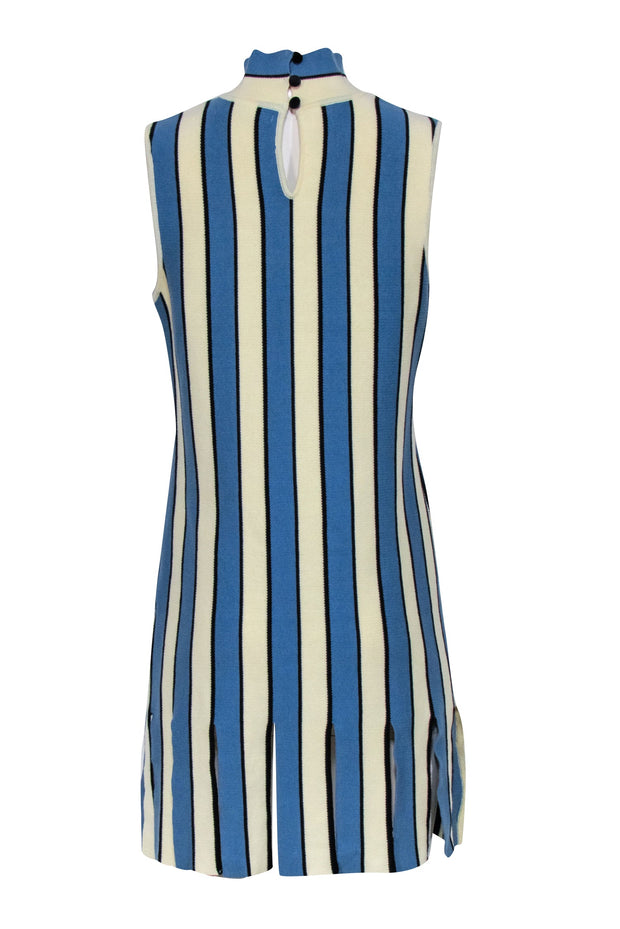 Current Boutique-Eva Franco - Cream, Blue, & Black Striped Mock Neck Dress w/ Fringe Hem Sz L