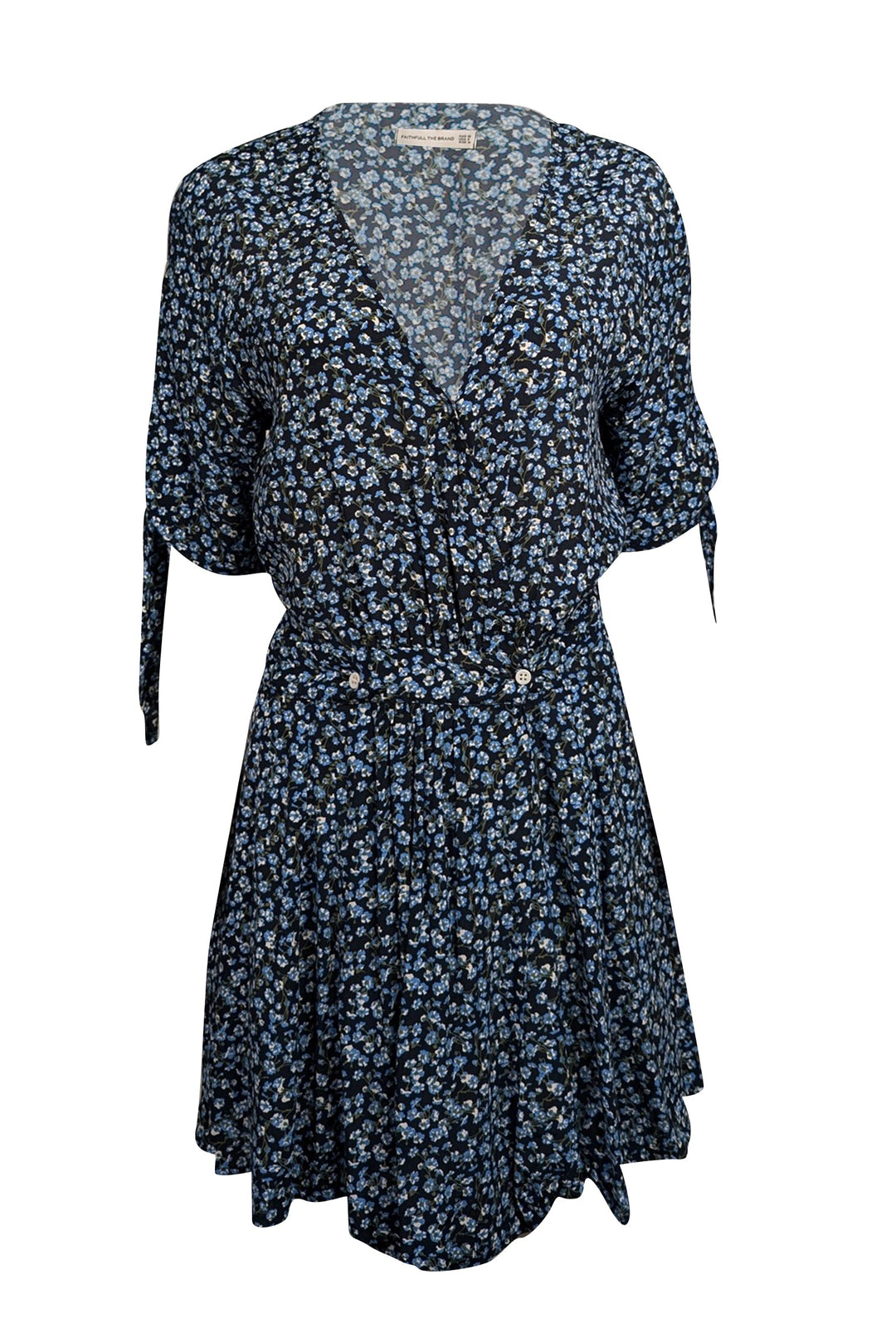 Faithfull the Brand - Black w/ Blue Floral Print Mini Wrap Dress Sz 6 Faithfull the Brand - Black w/ Blue Floral Print Mini Wrap Dress Sz 6