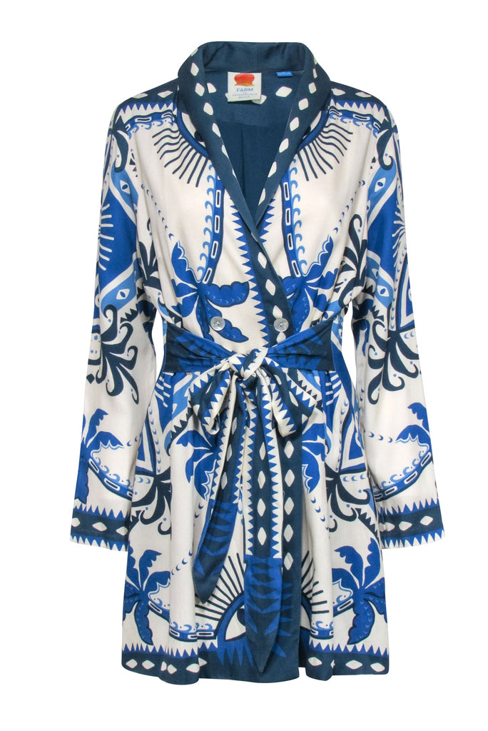 Farm - Blue & Cream Print Long Sleeve Button Front Dress Sz M
