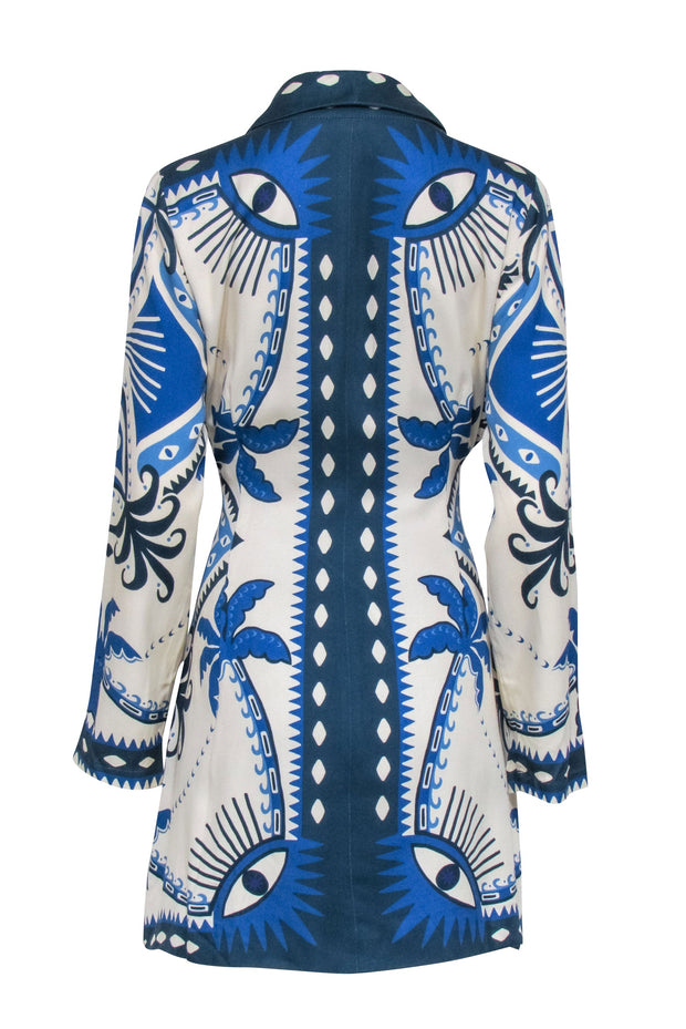 Current Boutique-Farm - Blue & Cream Print Long Sleeve Button Front Dress Sz M