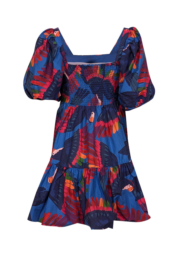 Current Boutique-Farm - Blue w/ Rainbow Macaw Print Poplin Mini Dress Sz M