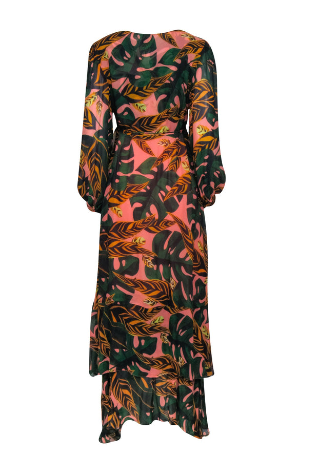 Current Boutique-Farm - Pink & Green Palm Leaf Print Long Sleeve Wrap Maxi Dress Sz XL
