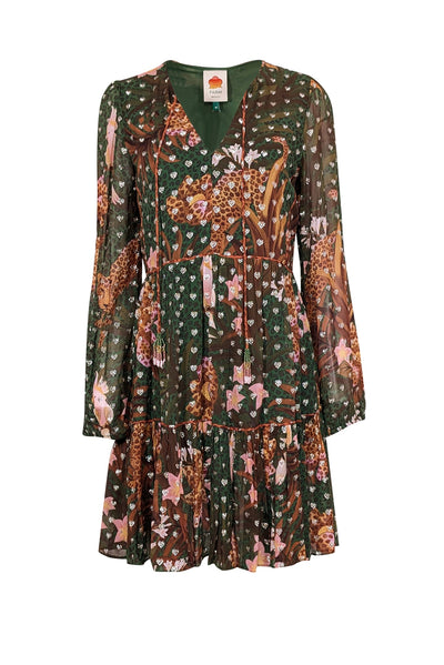 Current Boutique-Farm Rio - Green, Tan, & Peach Jungle Print Mini Dress w/ Metallic Hearts Sz M