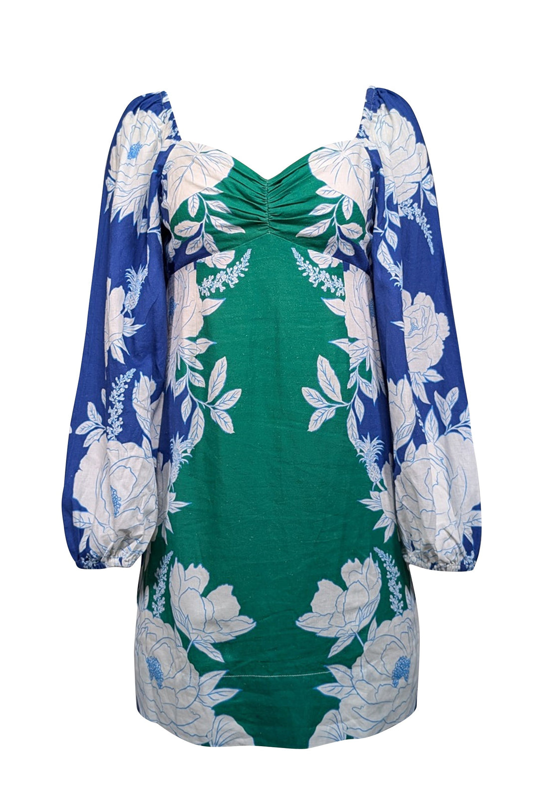 Farm Rio - Green, Blue & White, Floral Print Linen Blend Long Sleeve D Farm Rio - Green, Blue & White, Floral Print Linen Blend Long Sleeve D