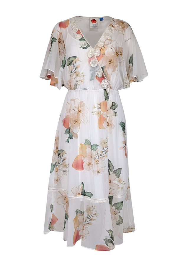Farm Rio - White w/ Peach Floral Print Chiffon Dress w/ Crochet Detail Farm Rio - White w/ Peach Floral Print Chiffon Dress w/ Crochet Detail