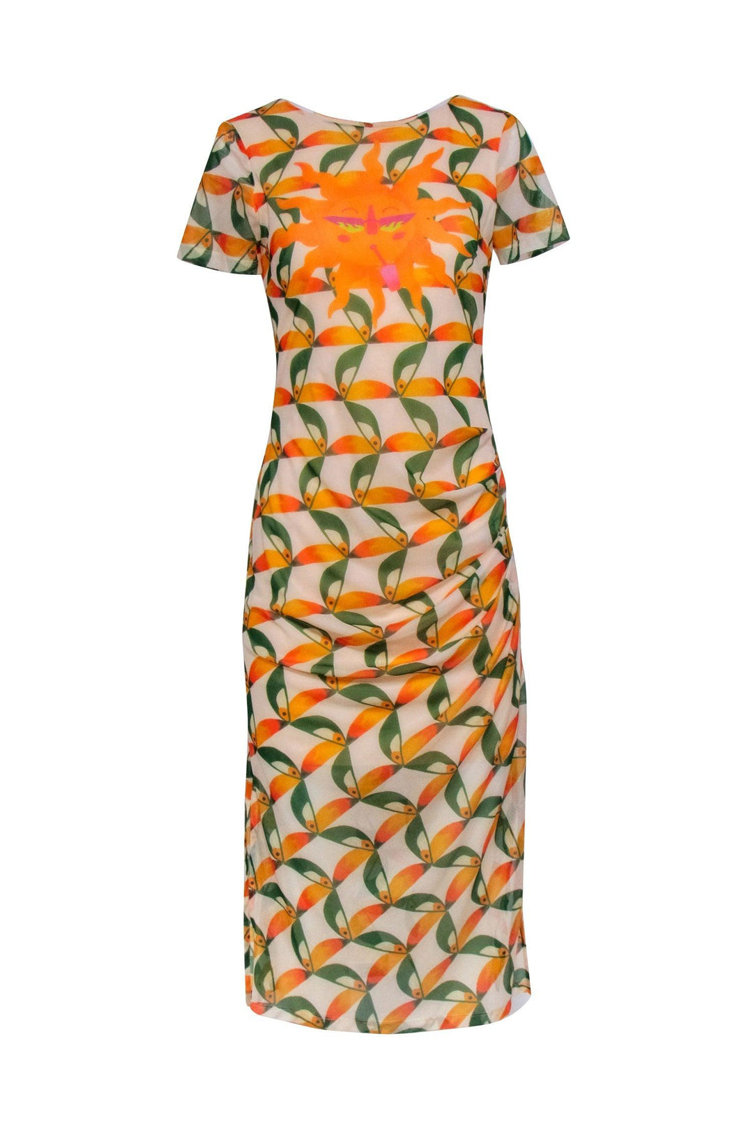 Farm Rio - Beige w/ Orange & Green Sun Print Ruched Midi Dress Sz XS Farm Rio - Beige w/ Orange & Green Sun Print Ruched Midi Dress Sz XS