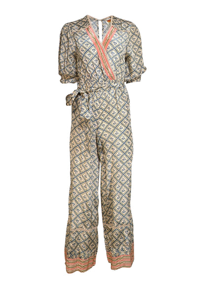 Current Boutique-Farm Rio - Beige w/ Teal Mushroom Print Satin Jumpsuit Sz S