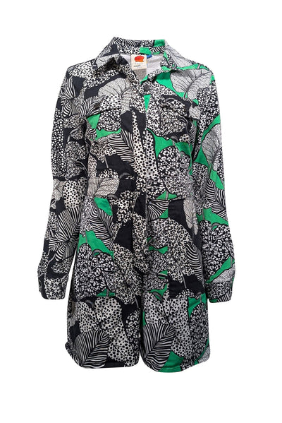 Current Boutique-Farm Rio - Green, Black, & White Foliage Print Denim Romper Sz S