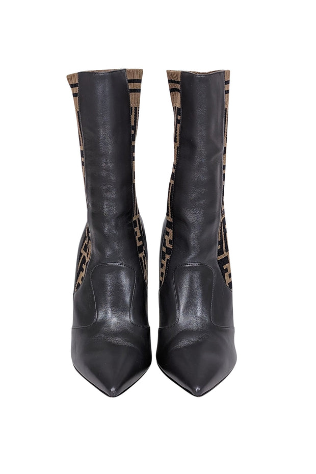Current Boutique-Fendi - Brown Leather & Monogram "FF" Knit Short Boots Sz 11