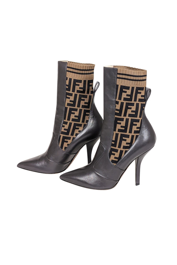 Current Boutique-Fendi - Brown Leather & Monogram "FF" Knit Short Boots Sz 11