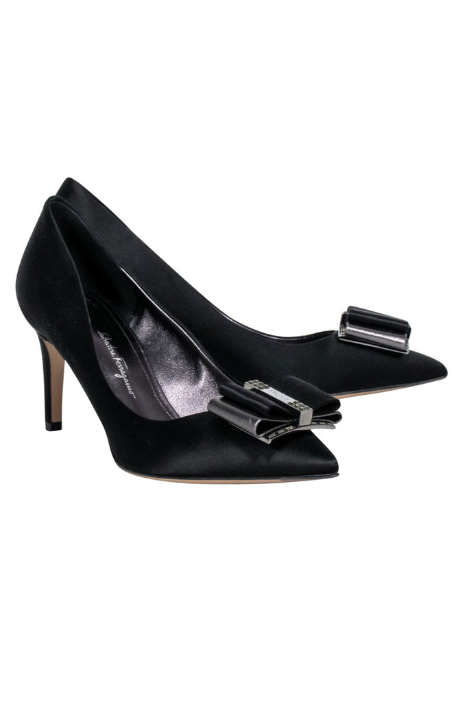 Ferragamo - Black Satin Bow Toe Pumps Sz 8