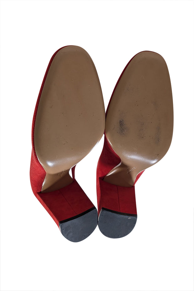 Ferragamo - Red Suede Chunky Heel Pumps Sz 9 - Current Boutique