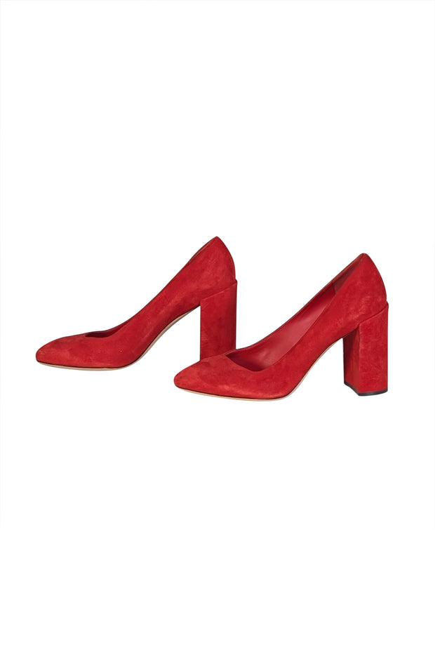 Ferragamo - Red Suede Chunky Heel Pumps Sz 9 - Current Boutique