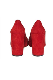 Ferragamo - Red Suede Chunky Heel Pumps Sz 9 - Current Boutique