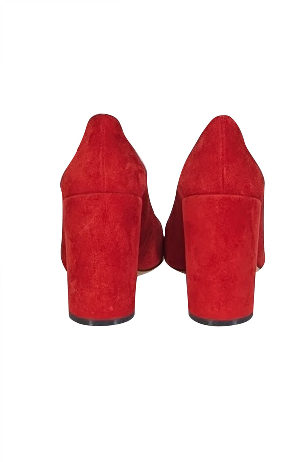 Ferragamo - Red Suede Chunky Heel Pumps Sz 9 - Current Boutique