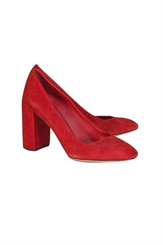 Ferragamo - Red Suede Chunky Heel Pumps Sz 9 - Current Boutique
