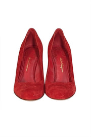 Ferragamo - Red Suede Chunky Heel Pumps Sz 9 - Current Boutique