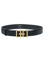 Current Boutique-Ferragamo - Black Leather Gold Buckle Belt Sz 000