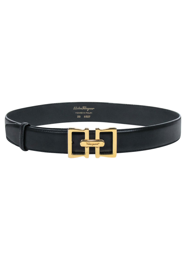 Current Boutique-Ferragamo - Black Leather Gold Buckle Belt Sz 000