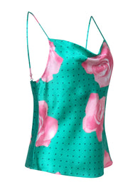 Current Boutique-Fleur Du Mal - Green w/ Large Pink Floral Print Silk Cami Blouse Sz S