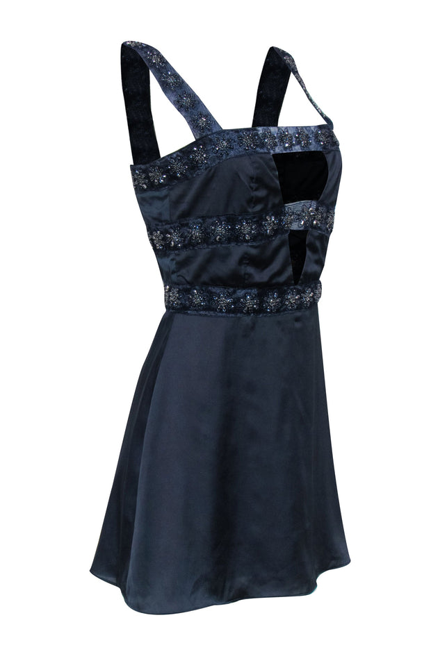 Current Boutique-For Love & Lemons - Navy Sleeveless Beaded Trim Mini Dress Sz S