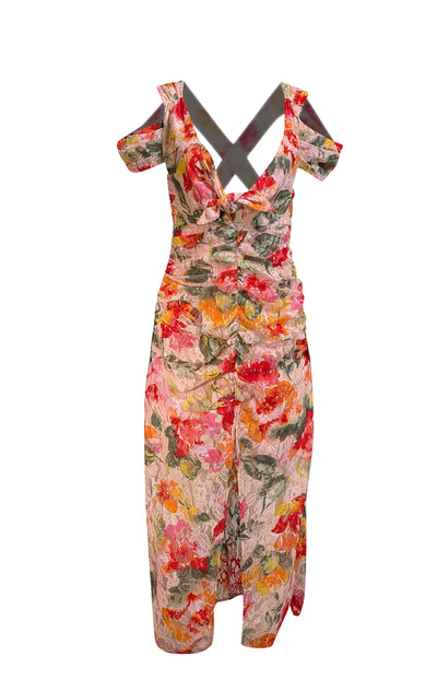 For Love & Lemons - Pink & Multicolor Floral Lace Cold Shoulder Dress Sz M - Current Boutique