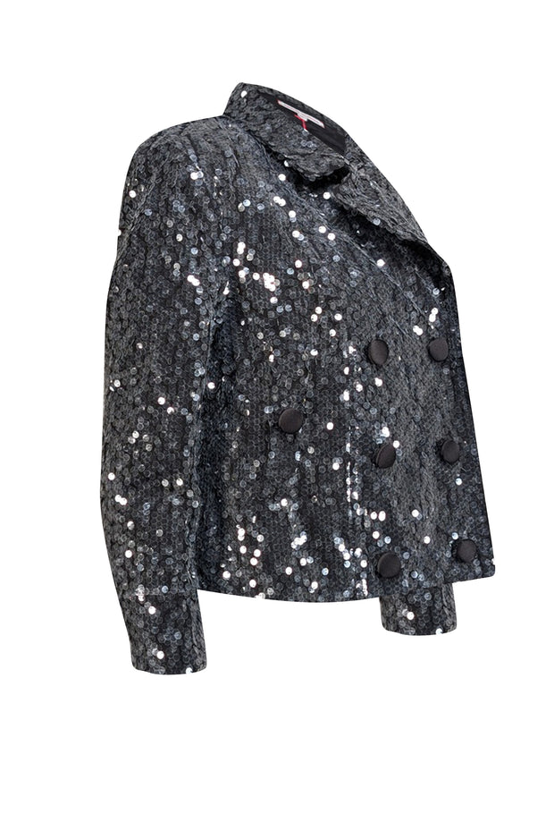 Frances Valentine - Black Sequin Double Breasted Moto Jacket Sz M - Current Boutique