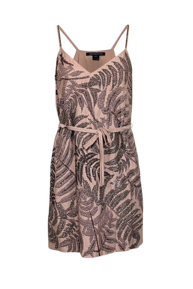 French Connection - Tan Sleeveless w/ Beaded Leaves Mini Dress Sz 4 French Connection - Tan Sleeveless w/ Beaded Leaves Mini Dress Sz 4