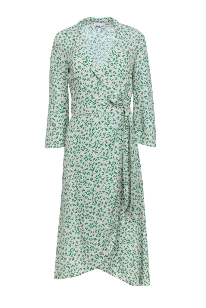 Ganni - Ivory & Green Print Wrap Dress Sz 4 Ganni - Ivory & Green Print Wrap Dress Sz 4