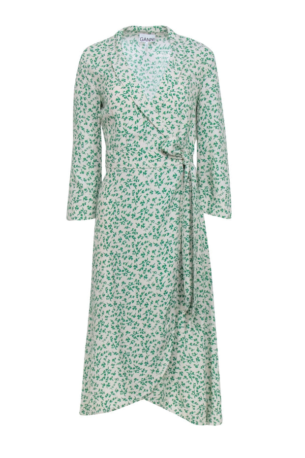 Ganni - Ivory & Green Print Wrap Dress Sz 4 Ganni - Ivory & Green Print Wrap Dress Sz 4