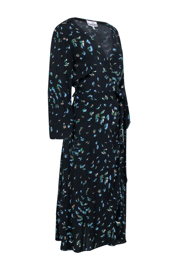 Ganni Black Floral Long Sleeve Maxi Wrap Dress Sz Current