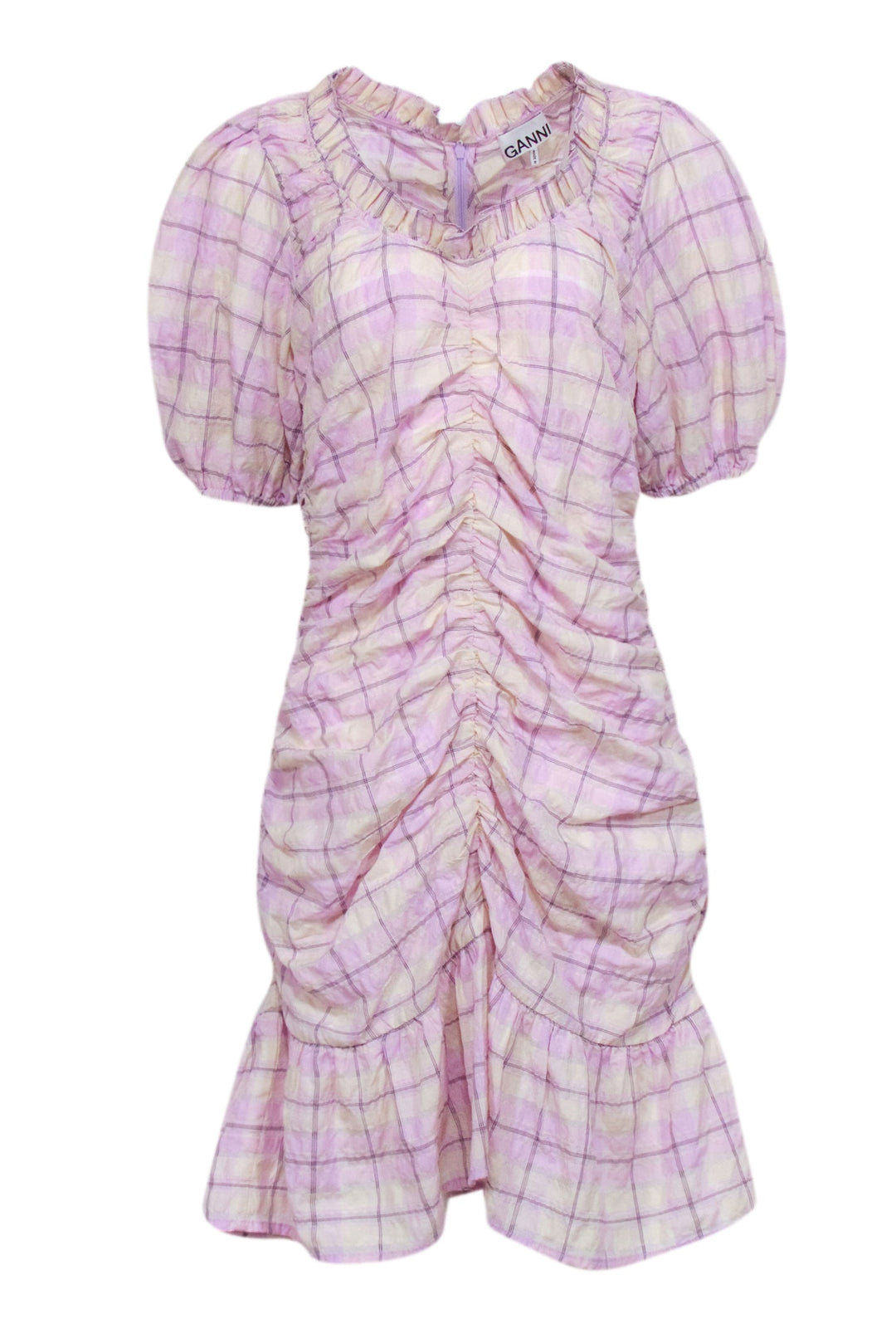 ganni checked cotton-blend seersucker mini dress Ganni Checked Cotton-blend Seersucker Mini Wrap Dress size6