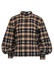 Current Boutique-Ganni - Tan & Black Plaid Long Sleeve Shirt Sz 6
