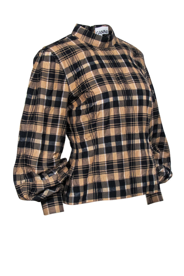 Current Boutique-Ganni - Tan & Black Plaid Long Sleeve Shirt Sz 6