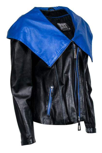 Georgio Rotti Giorgio Rotti - Black Leather Moto Jacket w/ Blue Lining Sz 16