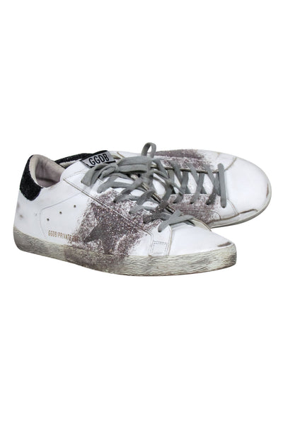 Current Boutique-Golden Goose - White Sneaker w/ Black Glitter Back & Pink & Silver Side Glitter Sz 11