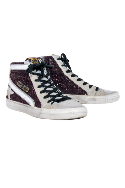 Current Boutique-Golden Goose - Maroon Glitter & Grey Suede "Slide" Sneakers Sz 8