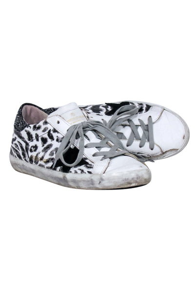 Current Boutique-Golden Goose - White Leather Sneakers w/ Leopard Print & Glitter Back Detail Sz 8