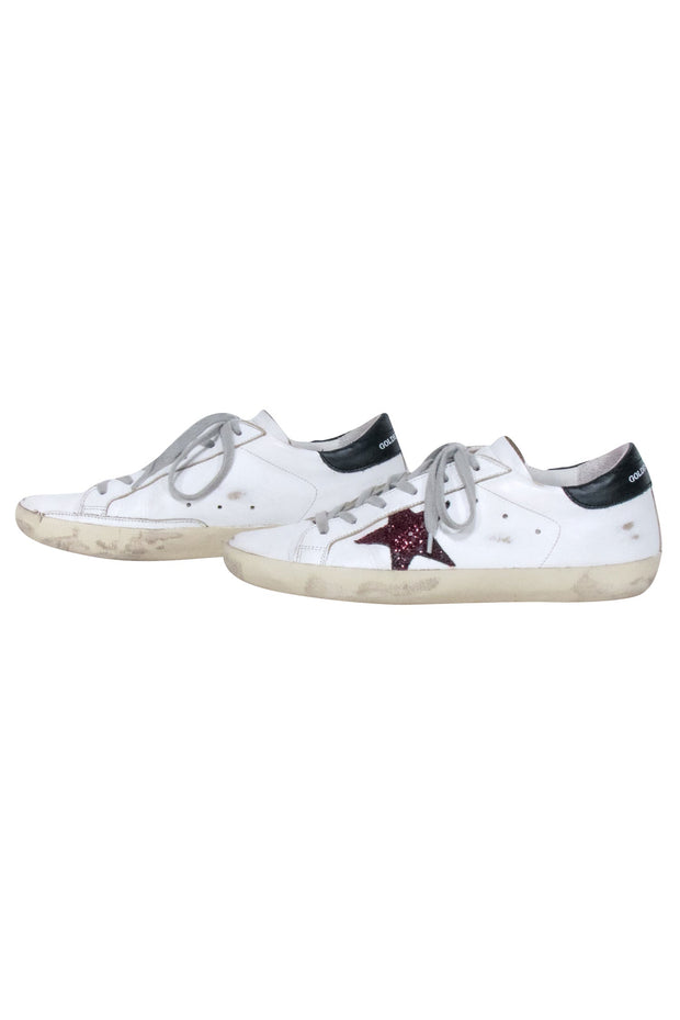 Current Boutique-Golden Goose - White Leather w/ Maroon Glitter Star "Superstar" Sneakers Sz 8