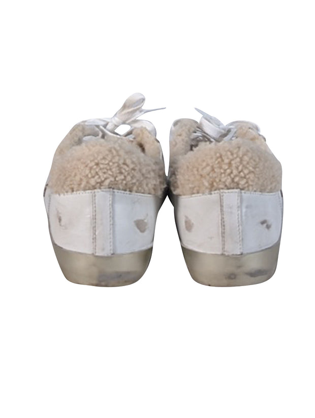 Current Boutique-Golden Goose - Ivory Leather & Tan Star Shearling Trim Super-Star Sneakers Sz 9