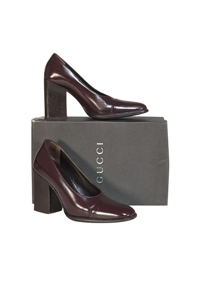 Gucci - Maroon Ox Blood Leather Chunky Heel Pumps Sz 5.5 - Current Boutique