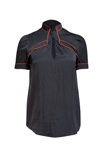 Current Boutique-Gucci - Black Silk Mandarin Collar Short Sleeve Blouse Sz 4