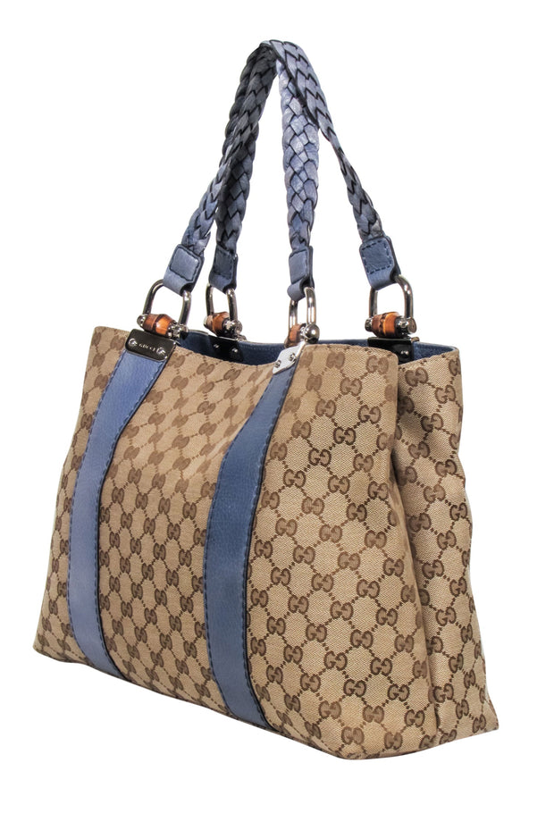 Current Boutique-Gucci - Tan Jacquard Libeccio Monogram Shoulder Bag w/ Braided Strap