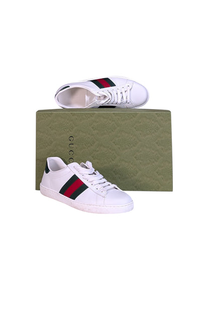 Gucci - White White Leather Sneakers w/ Green & Red Side Stripe - Current Boutique
