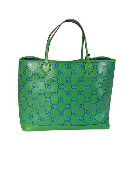 Current Boutique-Gucci - Green & Blue Monogram Embossed Leather Tote Bag